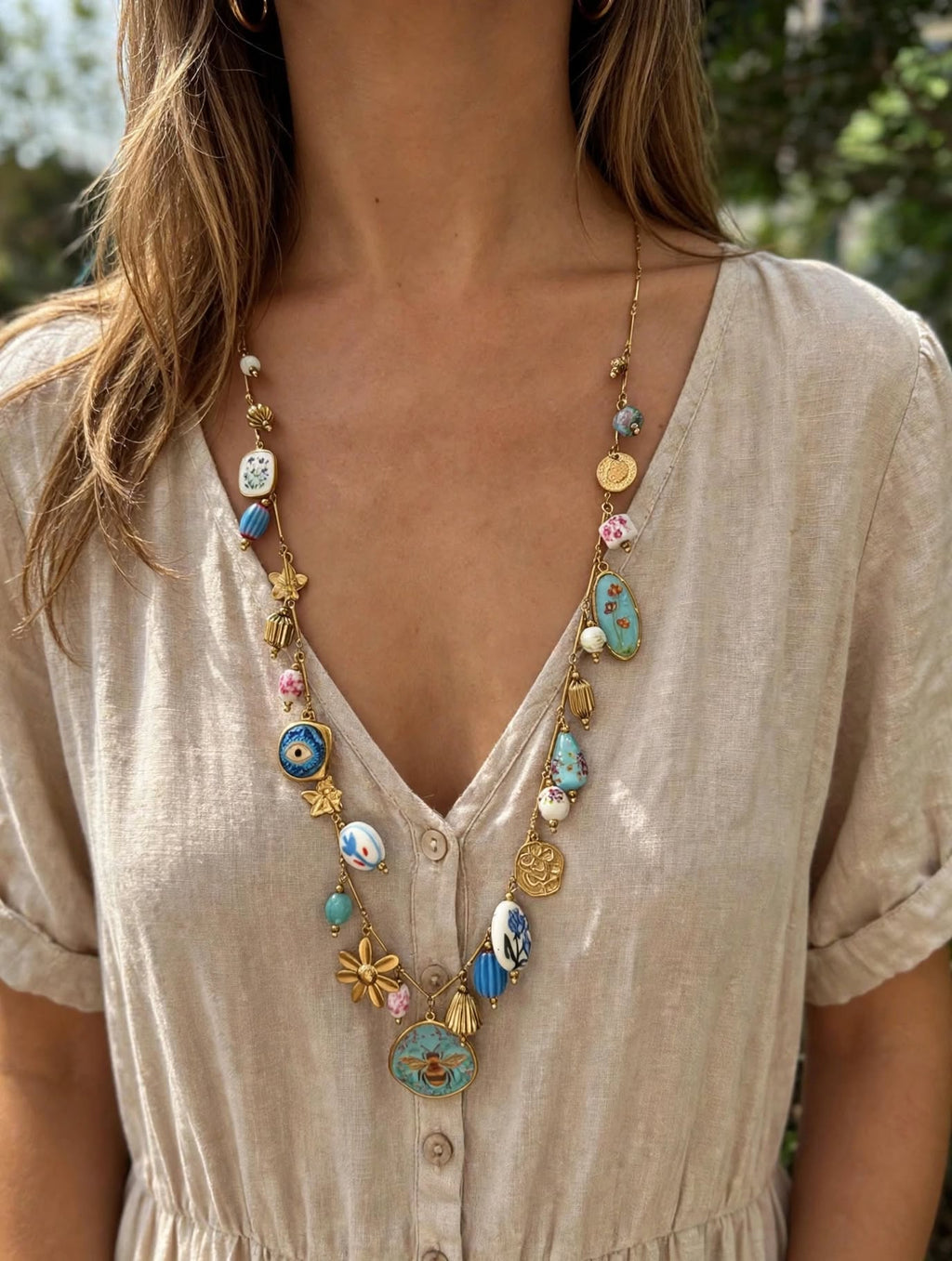 Sautoir Bohème Long Bleu - Collier Charms , Céramique | Acier inoxydable  Doré