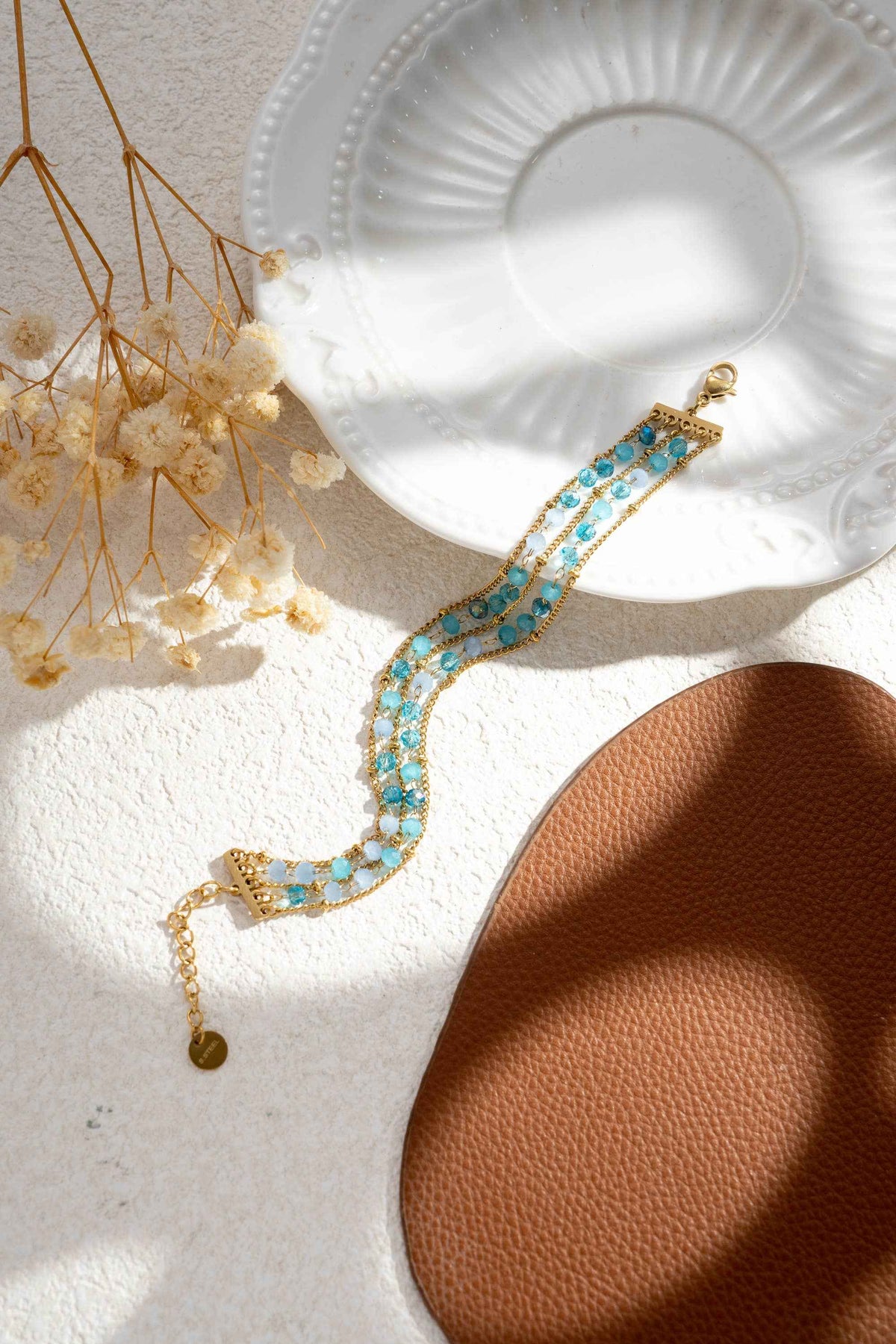 Bracelet Coline multirangs perles rose turquoise acier inoxydable