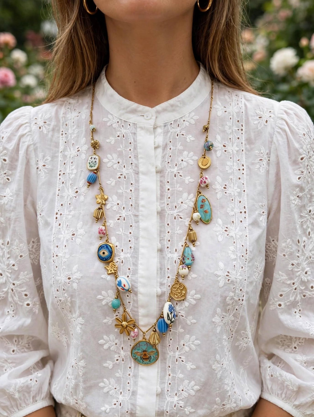 Sautoir Bohème Long Bleu - Collier Charms , Céramique | Acier inoxydable  Doré