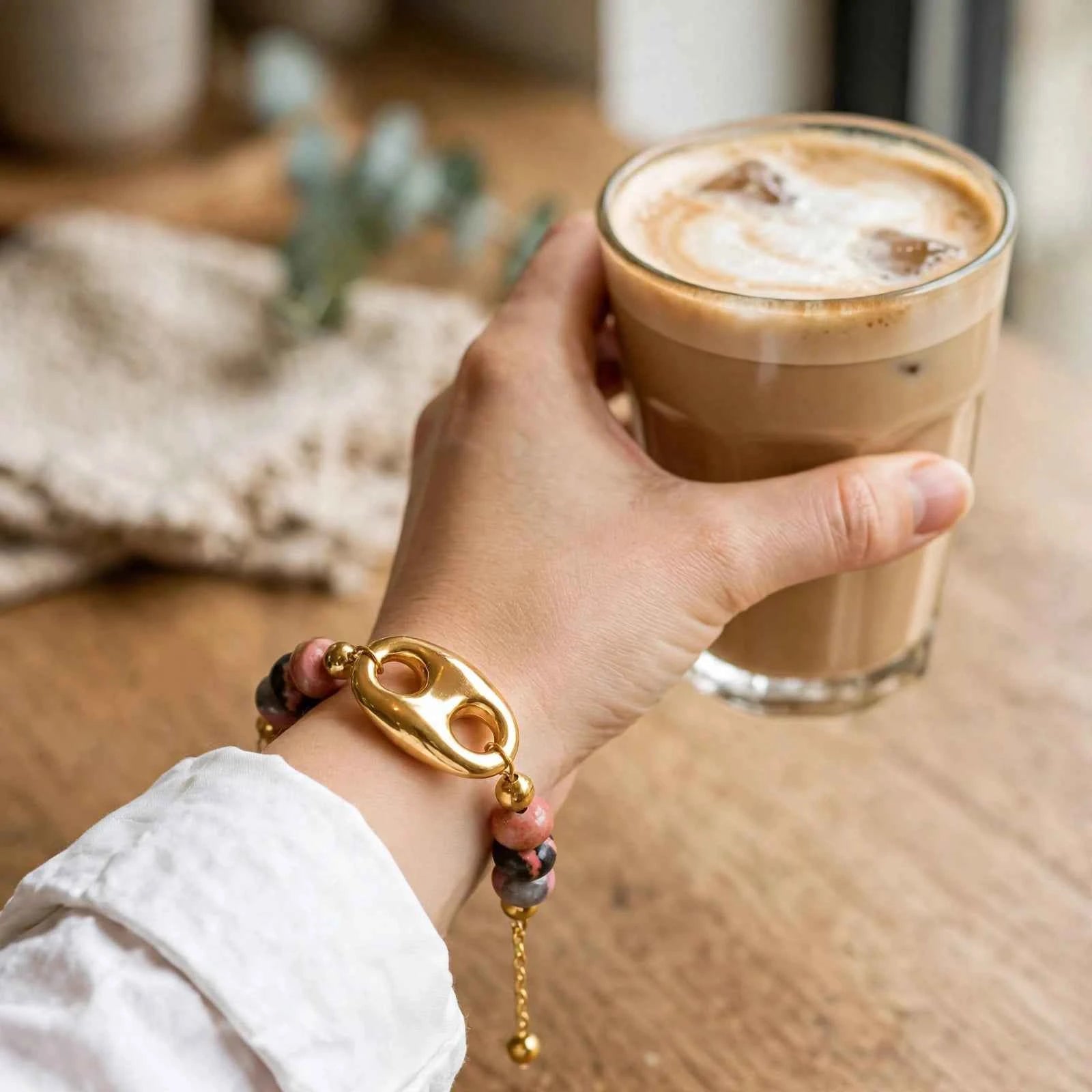 Bracelet Lya - Maille grain de café et Rhodonite