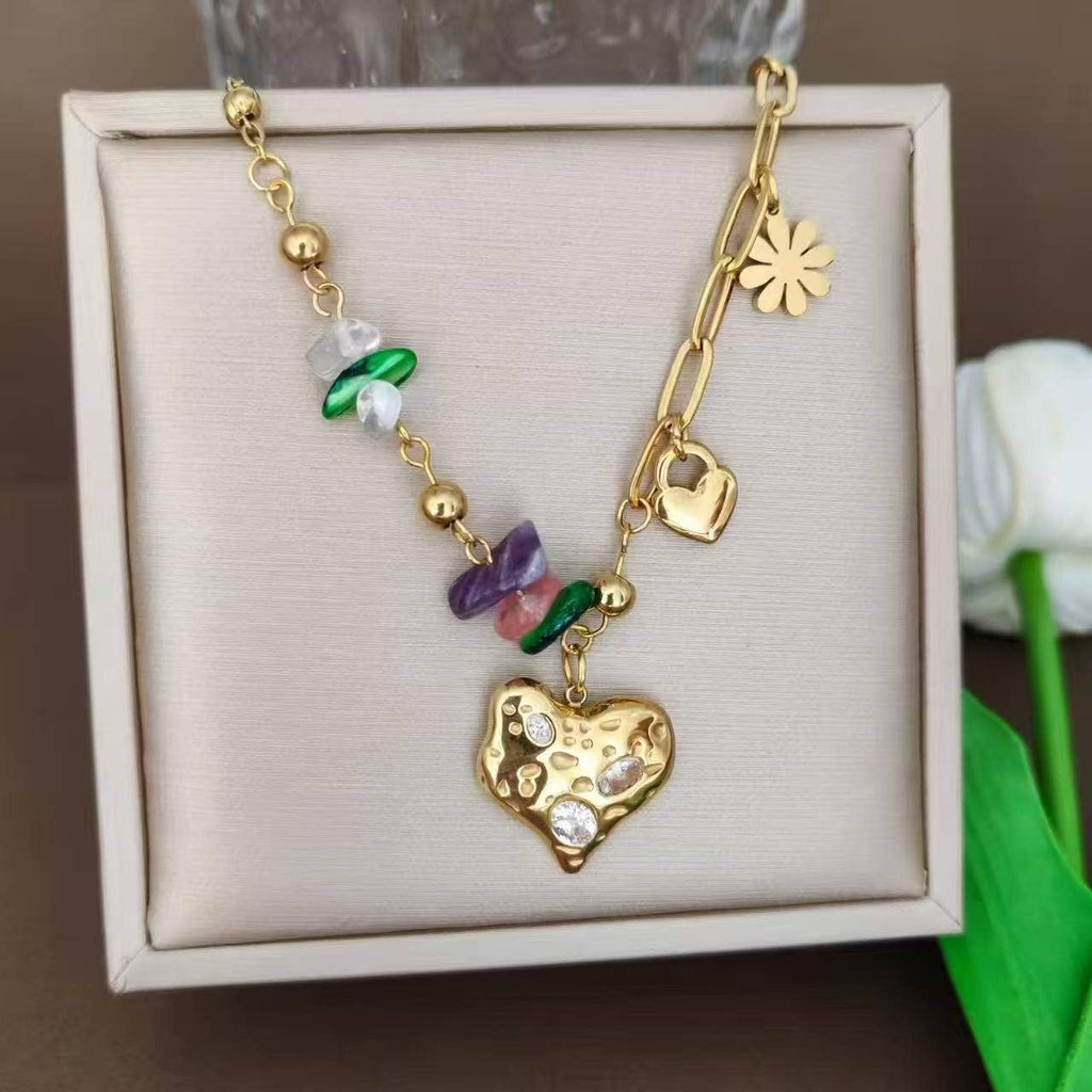 Collier Perle Colorée Pendentif Cœur Sertie Acier Inoxydable