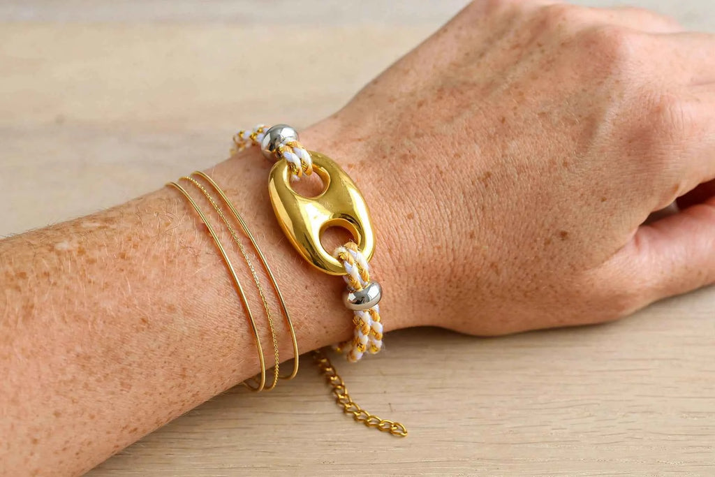 Bracelet LIA - Tressé Maille café Or & Blanc