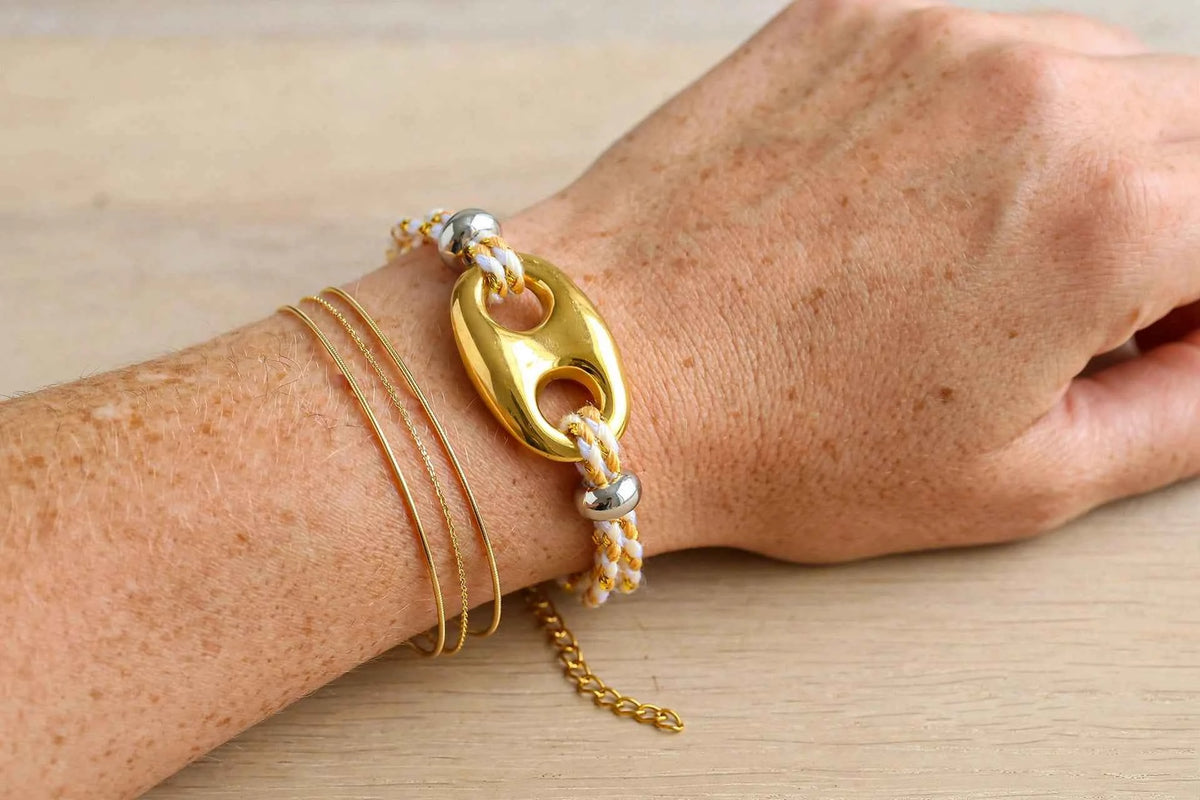 Bracelet LIA - Tressé Maille café Or & Blanc