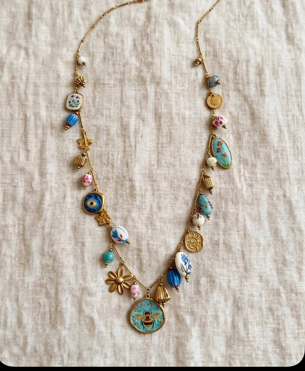 Sautoir Bohème Long Bleu - Collier Charms , Céramique | Acier inoxydable  Doré