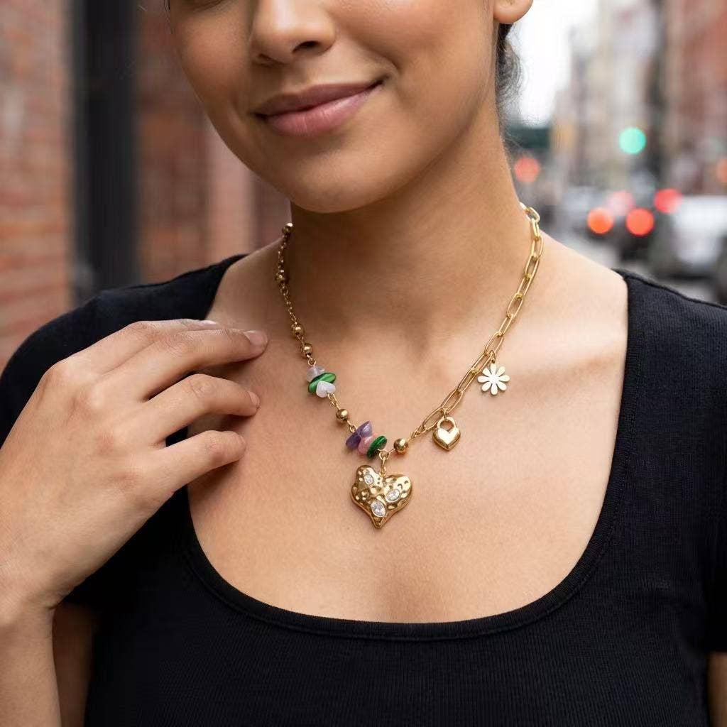 Collier Perle Colorée Pendentif Cœur Sertie Acier Inoxydable