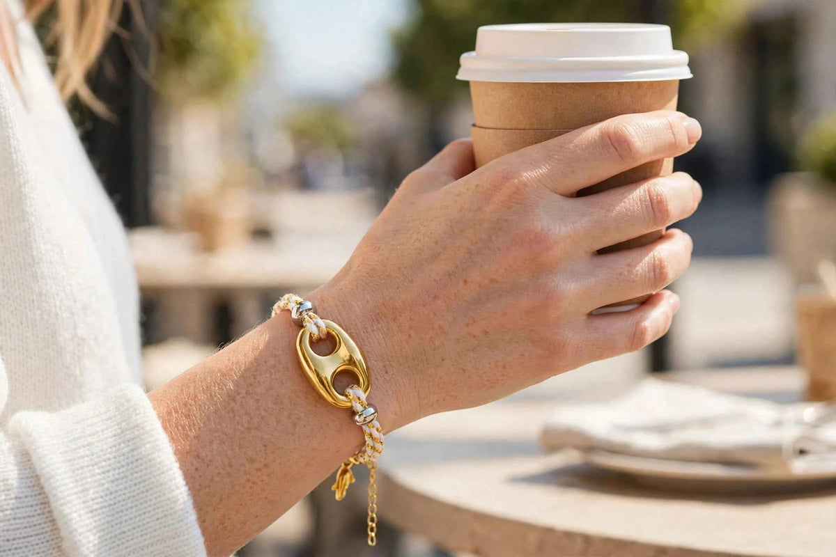 Bracelet LIA - Tressé Maille café Or & Blanc