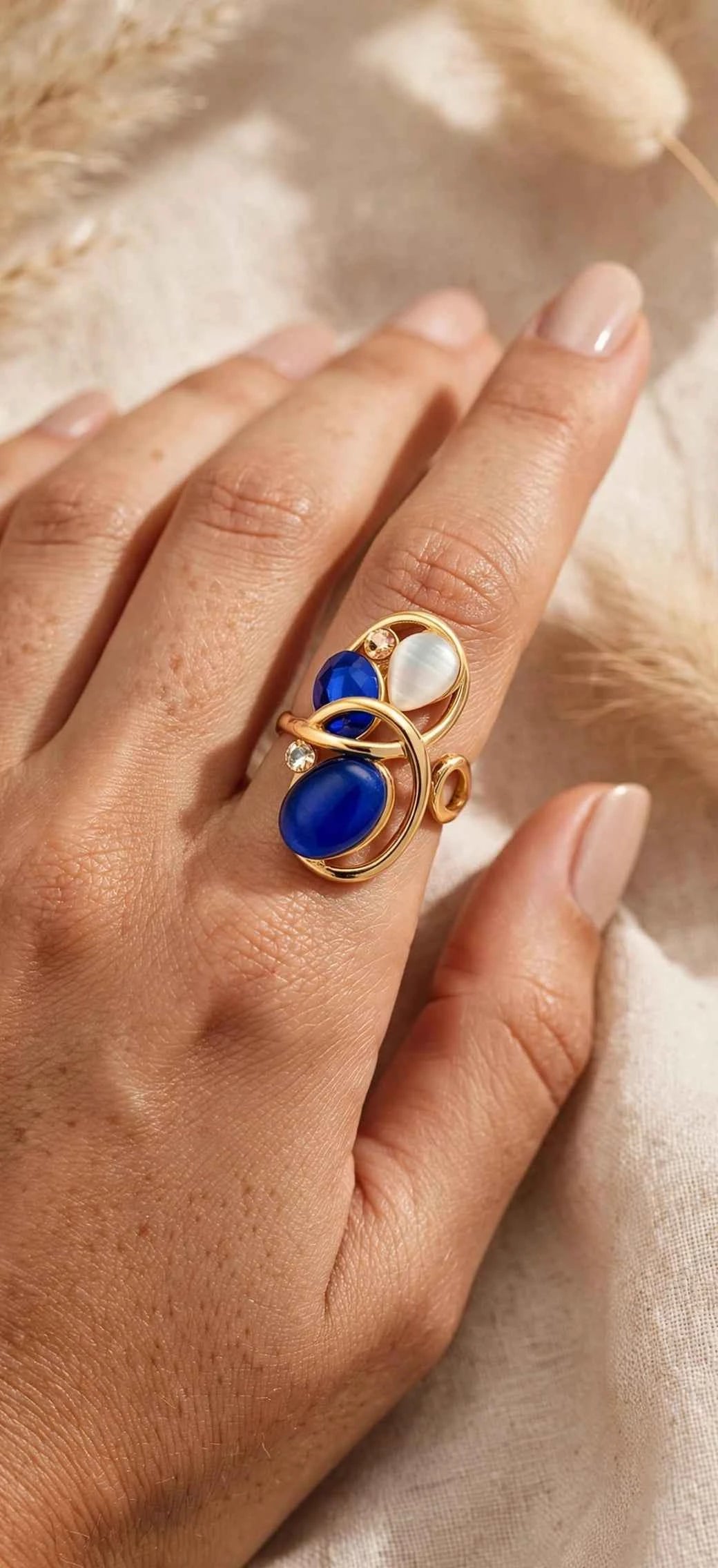 Lina ,Bague pierres colorées œil de chat acier inoxydable doré