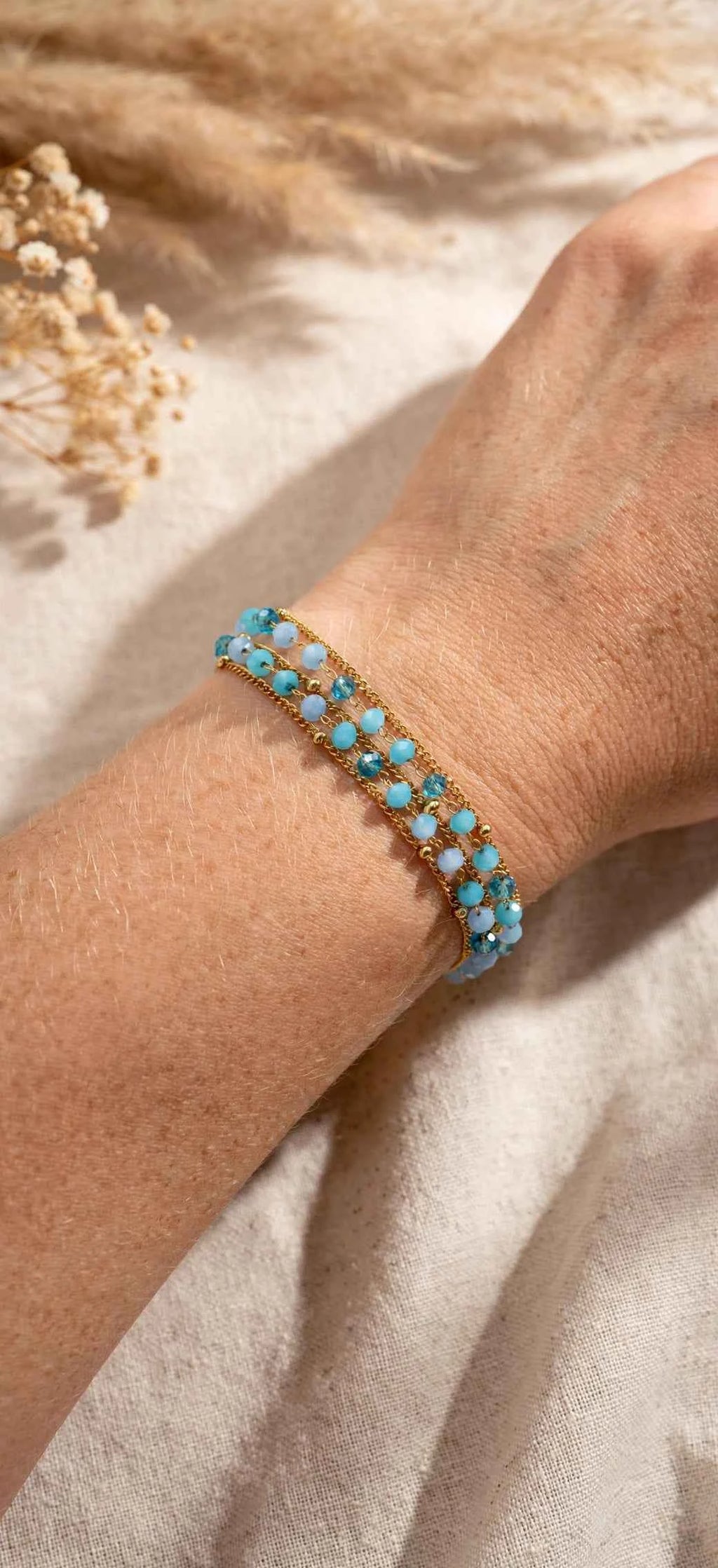 Bracelet Coline multirangs perles rose turquoise acier inoxydable