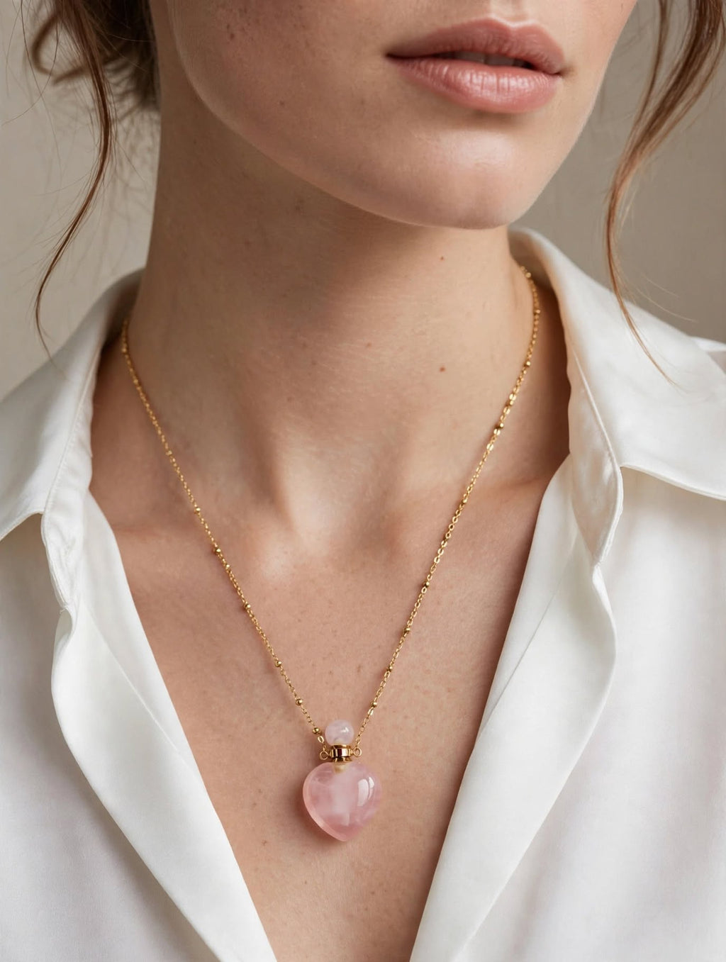 Sautoir ÉLYA | Flacon Cœur Quartz Rose | Acier Inoxydable , doré| BisouBijoux