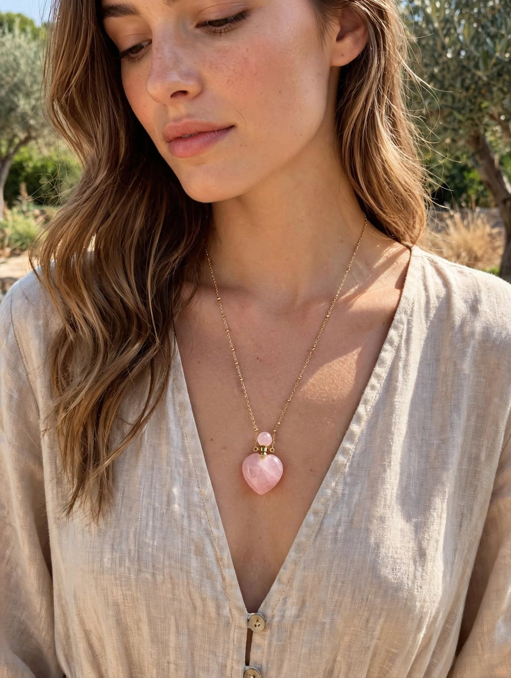 Sautoir ÉLYA | Flacon Cœur Quartz Rose | Acier Inoxydable , doré| BisouBijoux