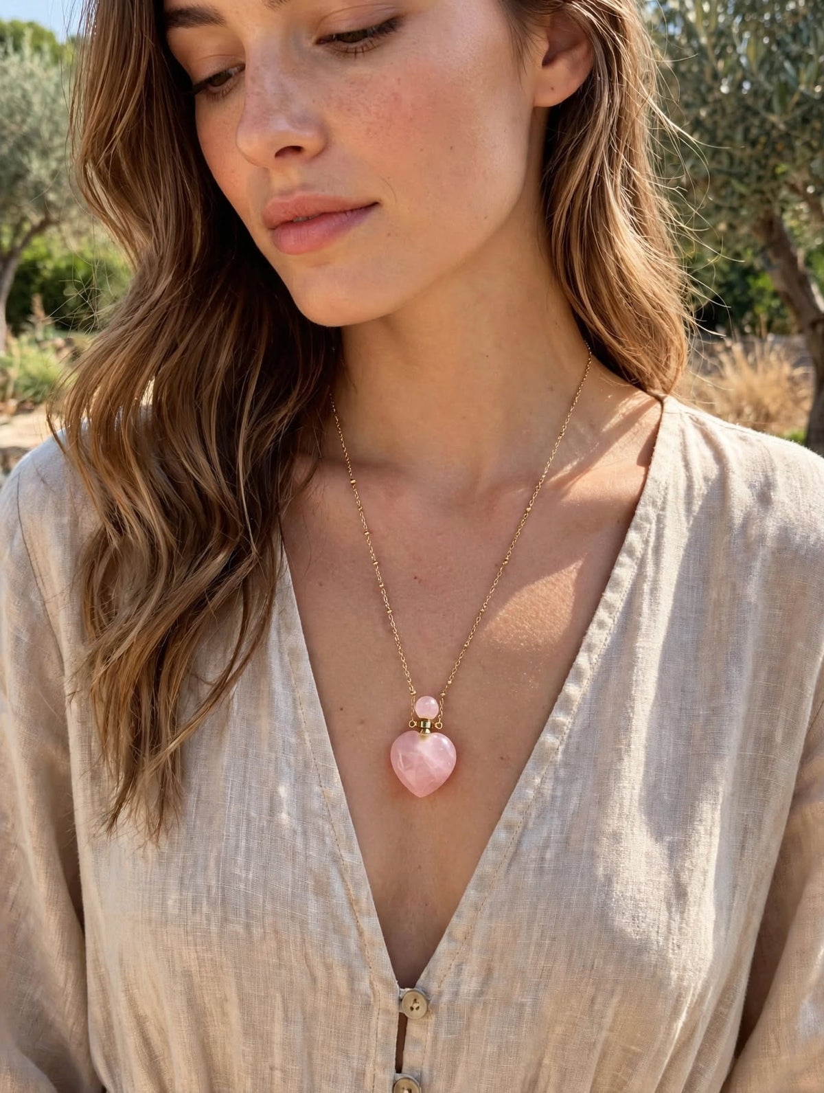 Sautoir ÉLYA | Flacon Cœur Quartz Rose | Acier Inoxydable , doré| BisouBijoux