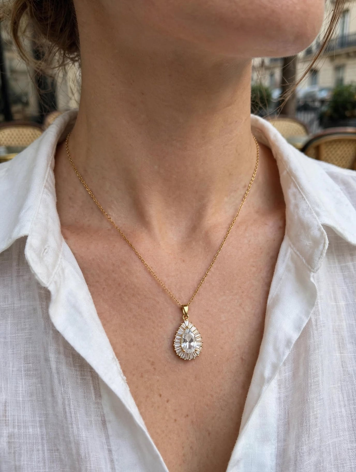 Collier Aurora Doré | Pendentif Goutte Cristal Halo | Acier Inoxydable | BisouBijoux