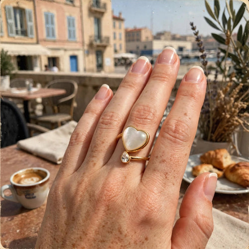 Bague AMOUR Dorée | Cœur Nacre Blanche & Cristal | BisouBijoux