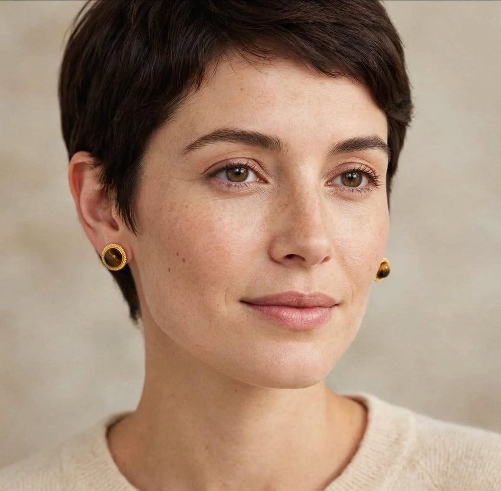 puces d’oreilles  , Shanna œil-de-tigre et acier inoxydable