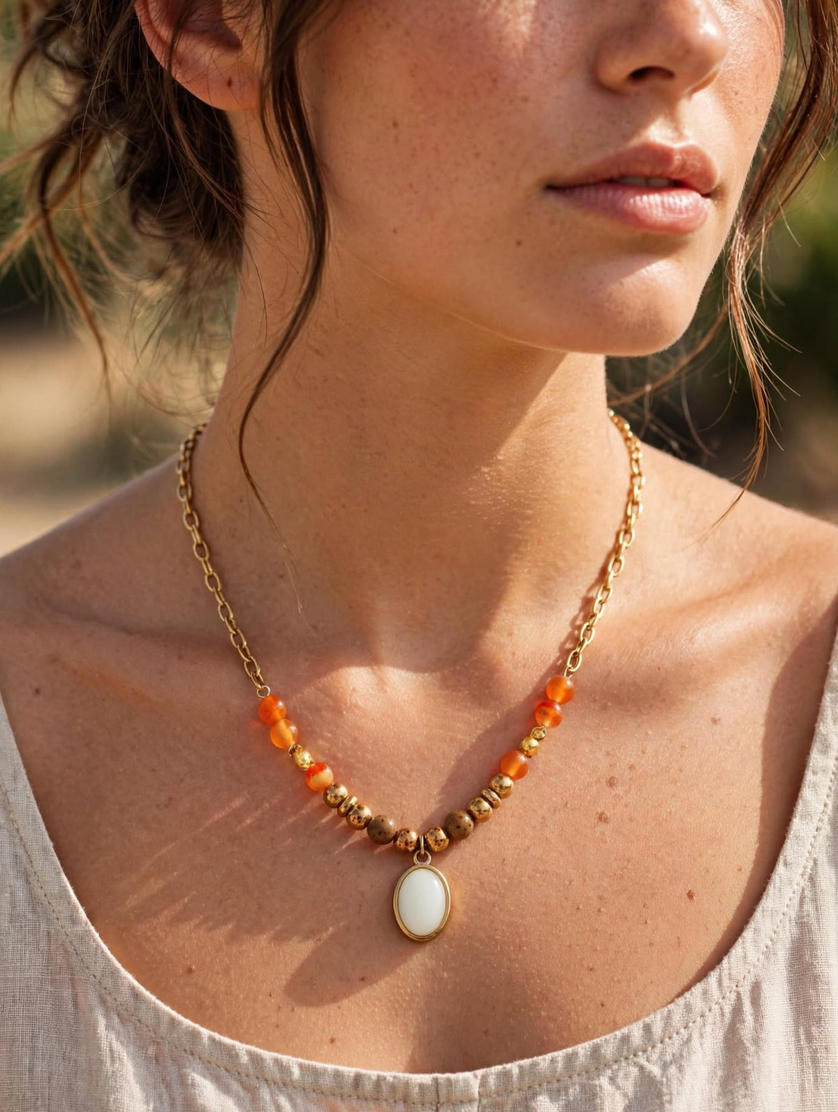 Collier SOL - Perles cornaline orange & pendentif nacre blanche